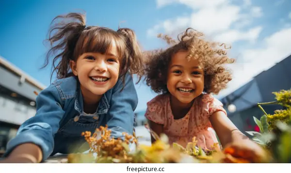 Two young girls playing in a garden
