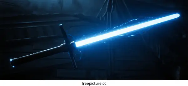 Blue glowing lightsaber in dark futuristic setting