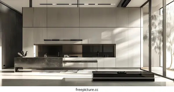 Modern Minimalist Kitchen Interior Design with Marble Countertop and Glass Windows