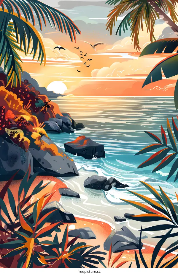 Tropical Sunset Beach with Palm Trees and Birds Flying