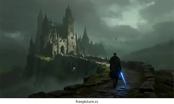 Mysterious Gothic Castle with Lone Figure Holding Blue Light
