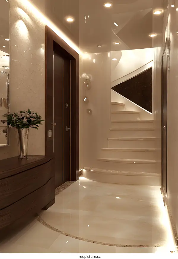 Modern Interior Design Staircase Hallway With White Marble Flooring