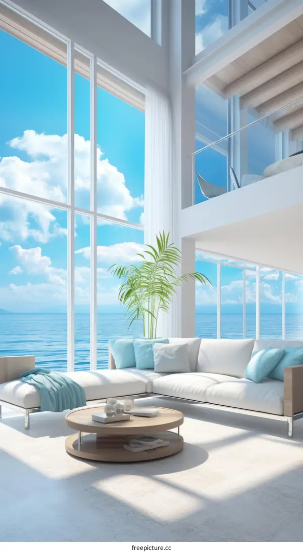 Modern coastal living room interior with large windows overlooking the ocean