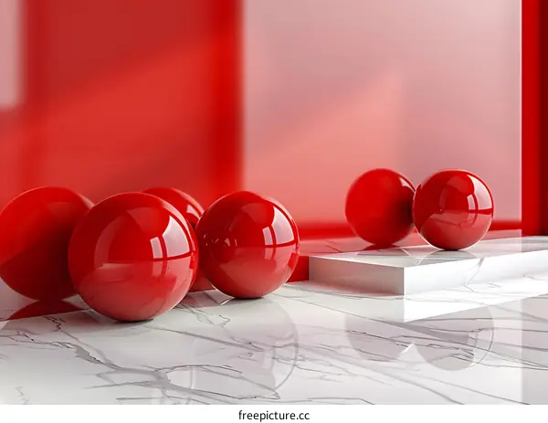 Red spheres on white marble texture background