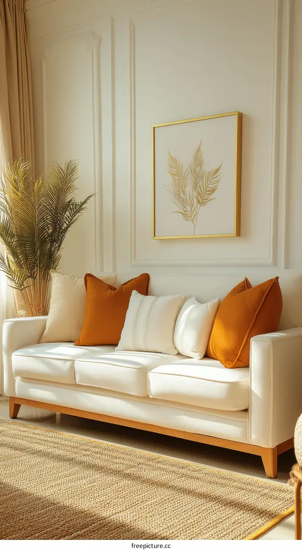 Modern Living Room with Beige Sofa and Orange Pillows