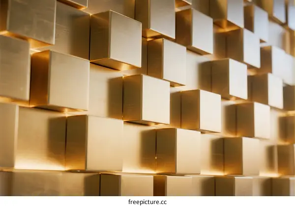 Abstract 3D Geometric Cubes Wall with Warm Golden Lighting