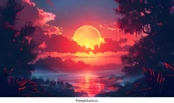 Sunset over lake in forest digital art