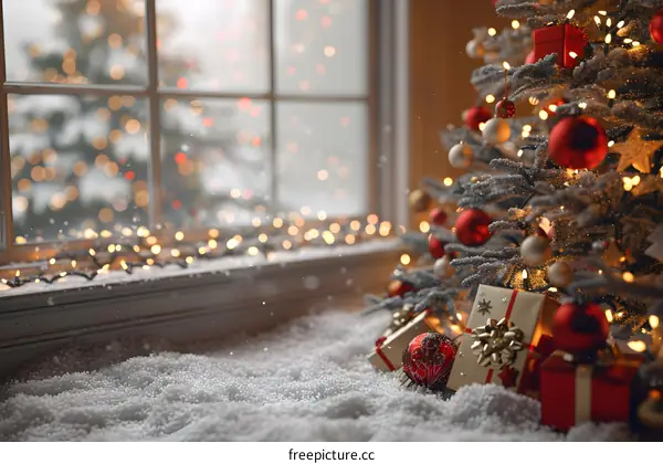 Christmas tree with red and gold ornaments and presents under the snow near the window