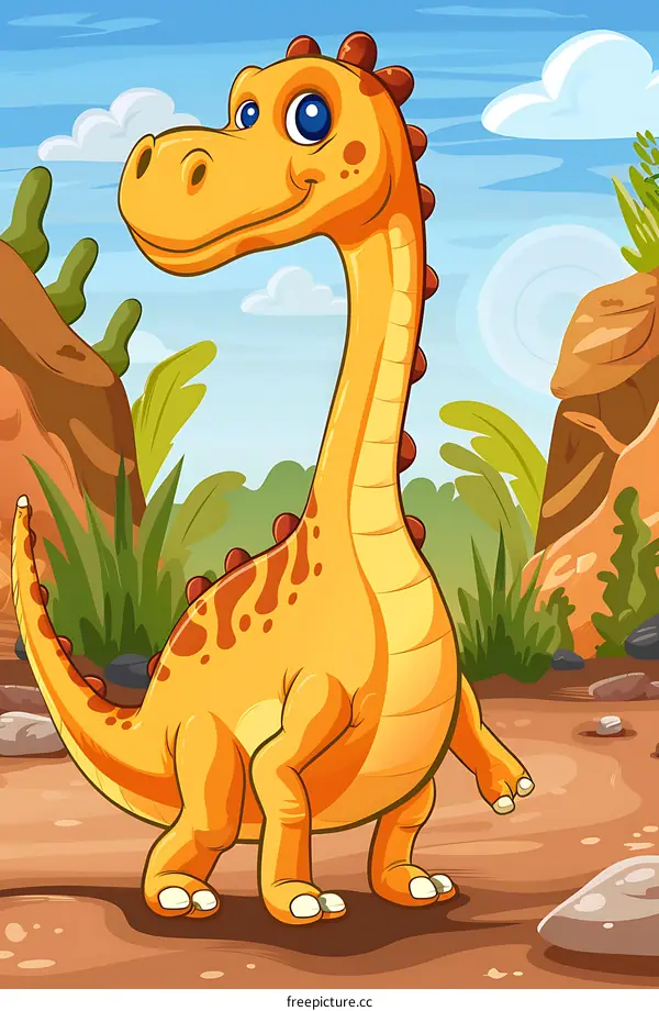 Cute Cartoon Yellow Dinosaur Standing In Grassland