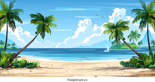 Tropical Beach with Palm Trees and Blue Sky