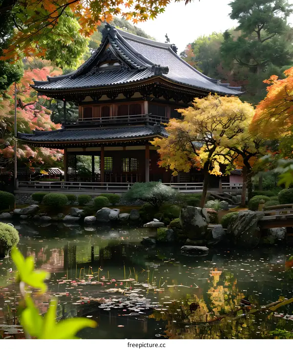 A photo of a traditional Japanese garden with a pond, trees, and a pavilion.