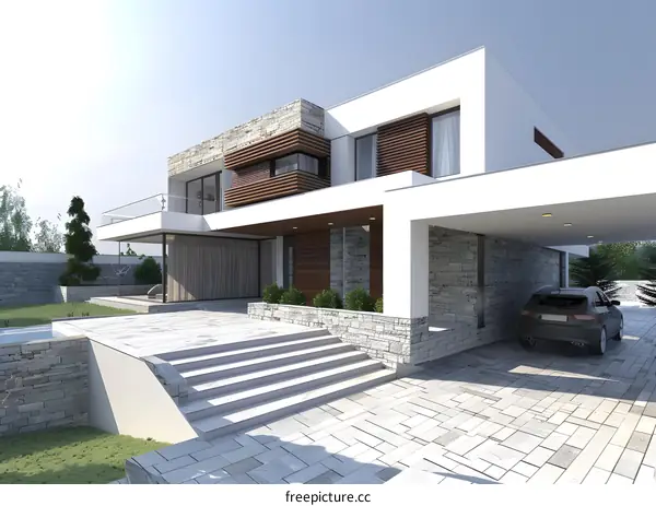 Modern House with Stone Facade and Wooden Accents