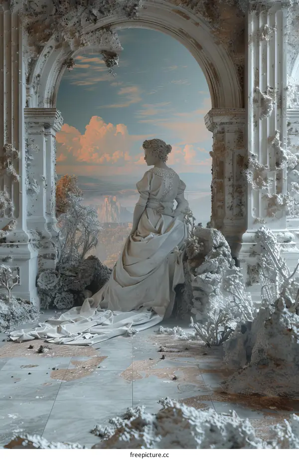 A woman standing in a ruined building looking out at the sea