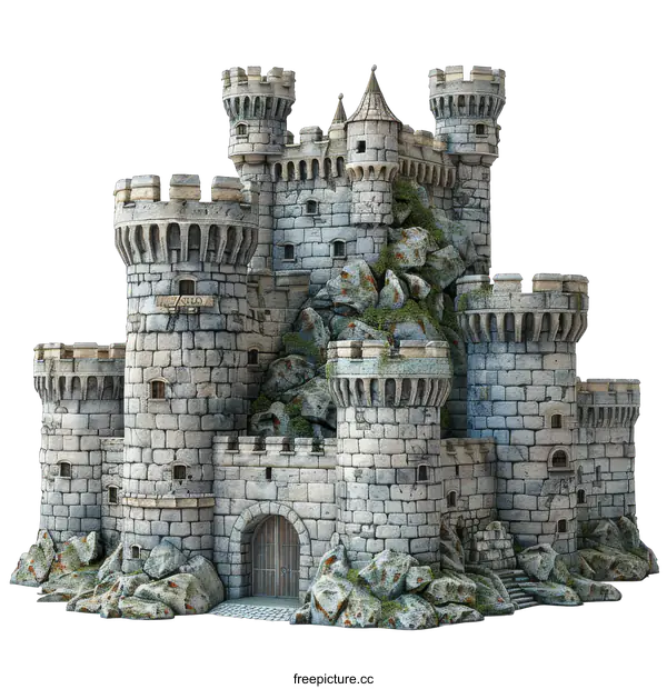 [Transparent Background PNG]A realistic rendering of a medieval castle with a large gate and multiple towers.