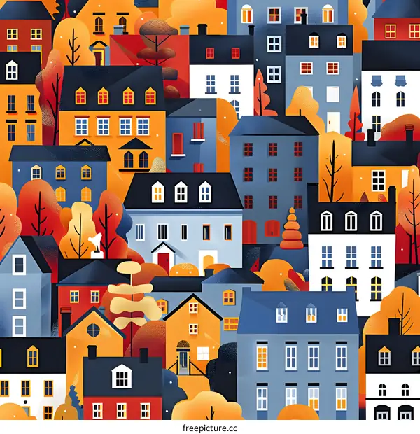 Autumn Cityscape Illustration with Colorful Houses