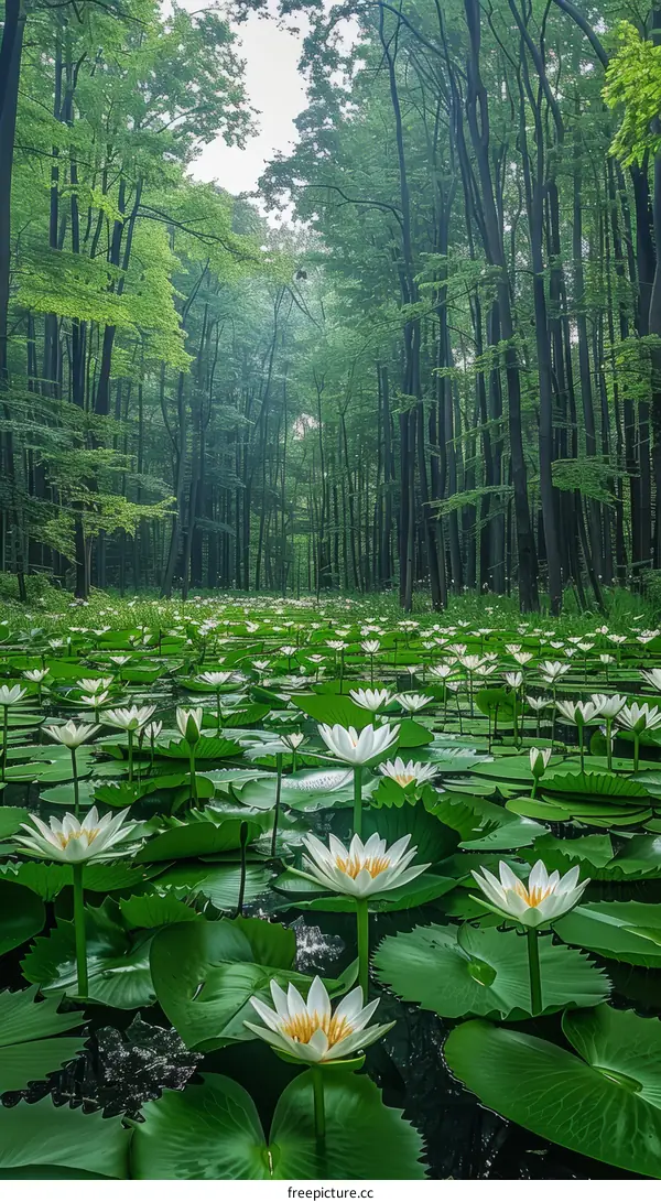 Mystical Journey through an Enchanted Water Lily Pond in the Heart of a Lush Forest