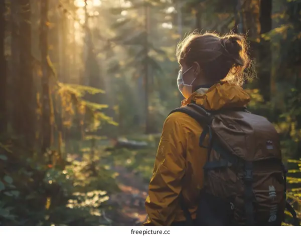 woman wearing a mask hiking in the forest