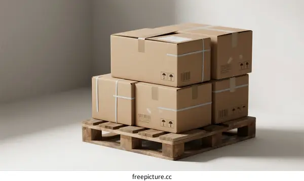 Stack of Cardboard Boxes on Wooden Pallet in White Room