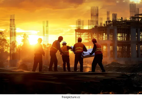 Construction Workers Reviewing Plans at Sunset