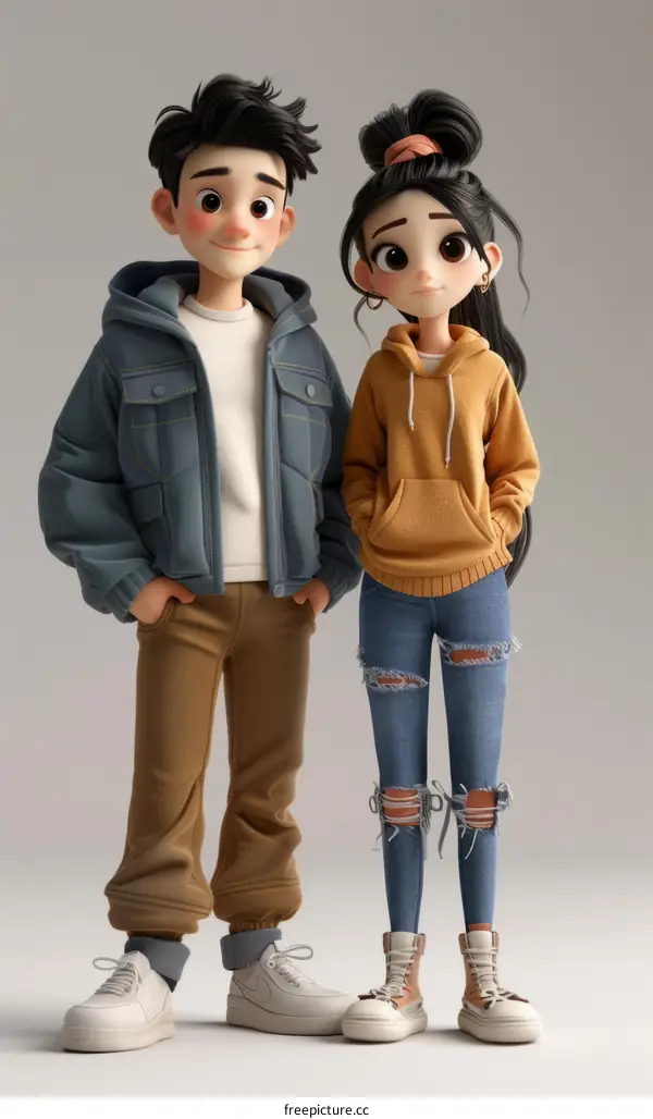 A 3D rendering of a young man and woman standing next to each other
