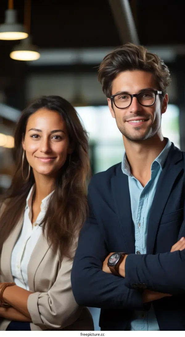 Portrait of two smiling business professionals, a man and a woman, wearing business suits