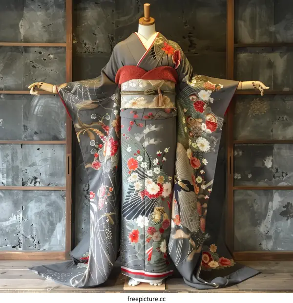 A kimono with a pattern of flowers and birds