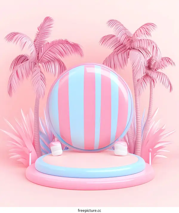 Pink and Blue Striped Circle on Podium with Palm Trees