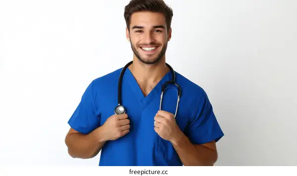 Smiling Male Doctor in Blue Scrubs