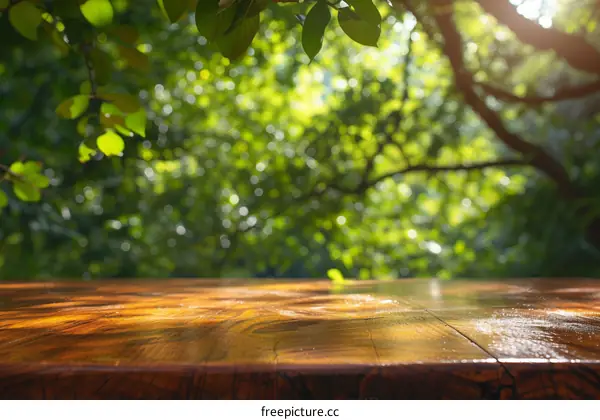 An empty wooden table with a blurred background of green leaves.