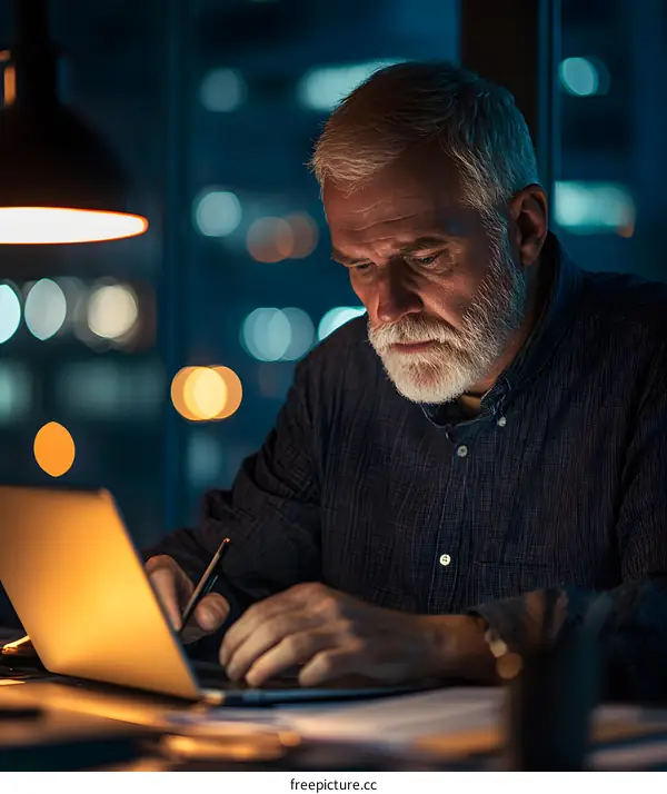 Senior Man Working Late at Night on Laptop in Office