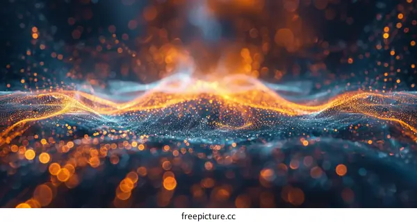 Abstract Digital Landscape with Glowing Particles and Light Waves