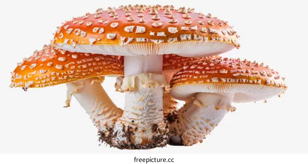 Three red and white mushrooms with white spots