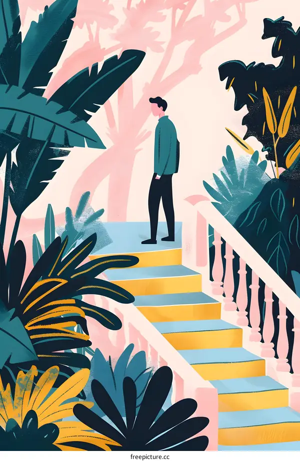 Man Standing On Stairs Surrounded By Lush Greenery