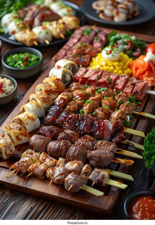 A variety of grilled meats and vegetables on a wooden platter