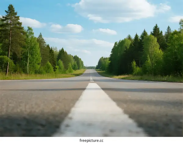 A straight road surrounded by lush green trees under a clear sky