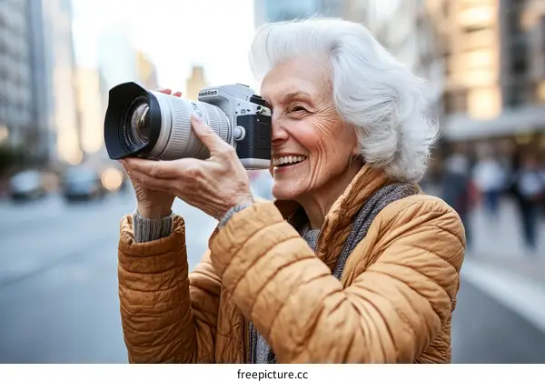 Senior Woman Taking Pictures in the City