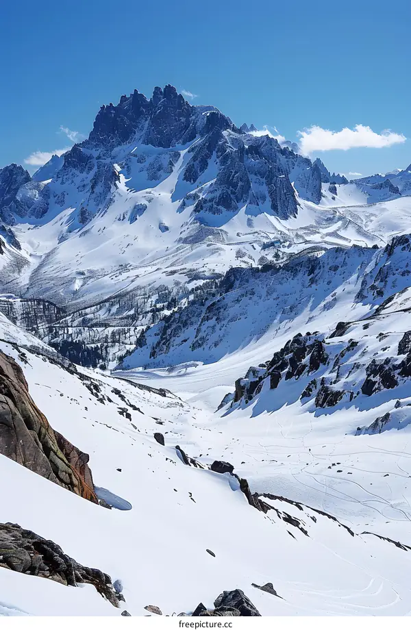 A skier glides down a snow-covered mountainside