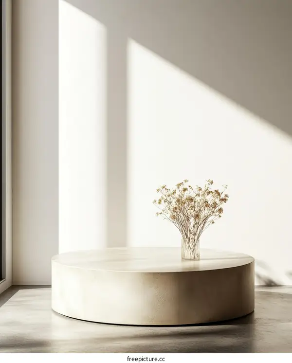 Minimalist Modern Concrete Round Table with Dried Flowers