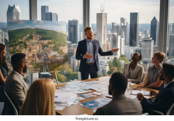 Business professionals in a meeting discussing plans for a new project while looking at a map of the city