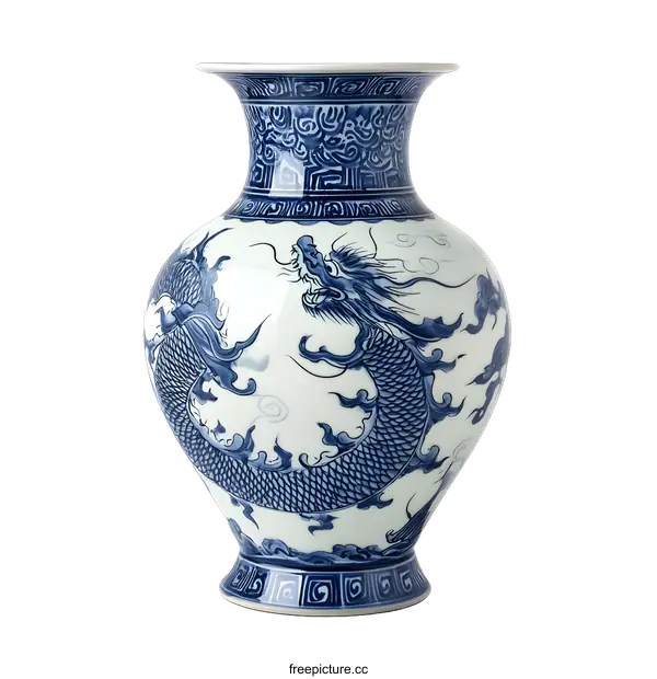 [Transparent Background PNG]Blue and White Porcelain Vase with Dragon Design
