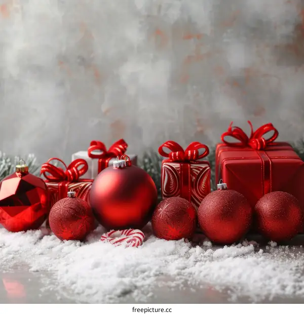 Red and white Christmas ornaments and gifts on snow