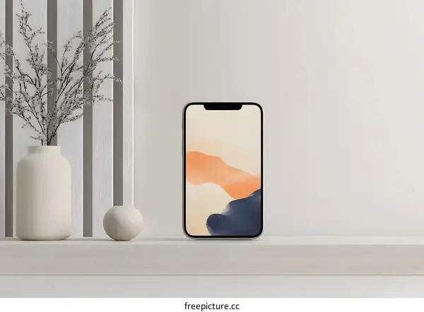 Minimalist Phone Mockup with White Background and Abstract Wallpaper