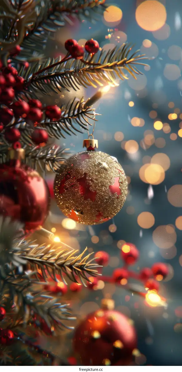 Christmas Tree Decorated with Red and Gold Ornaments