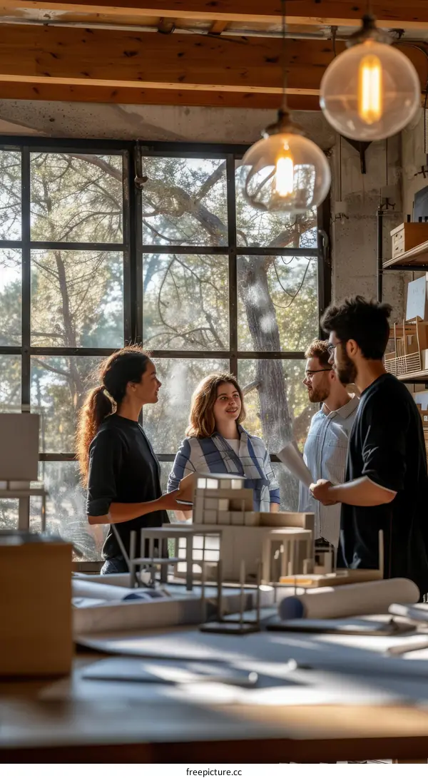 Four people discussing about architecture models in a bright room with large windows