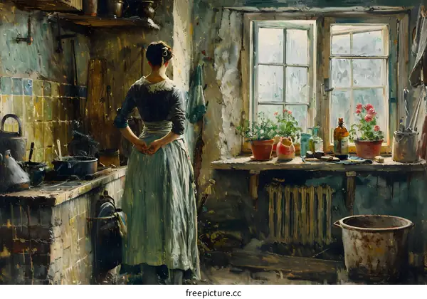 A woman standing in a kitchen looking out the window