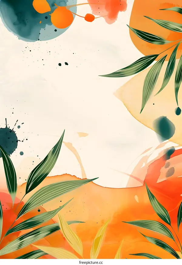 Watercolor Abstract Painting with Tropical Leaves and Splatters