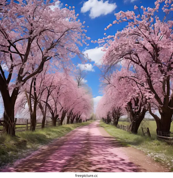 Country road under a canopy of cherry blossoms