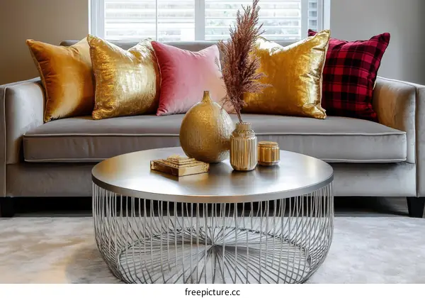 Modern Living Room Decor with Gold and Red Accents