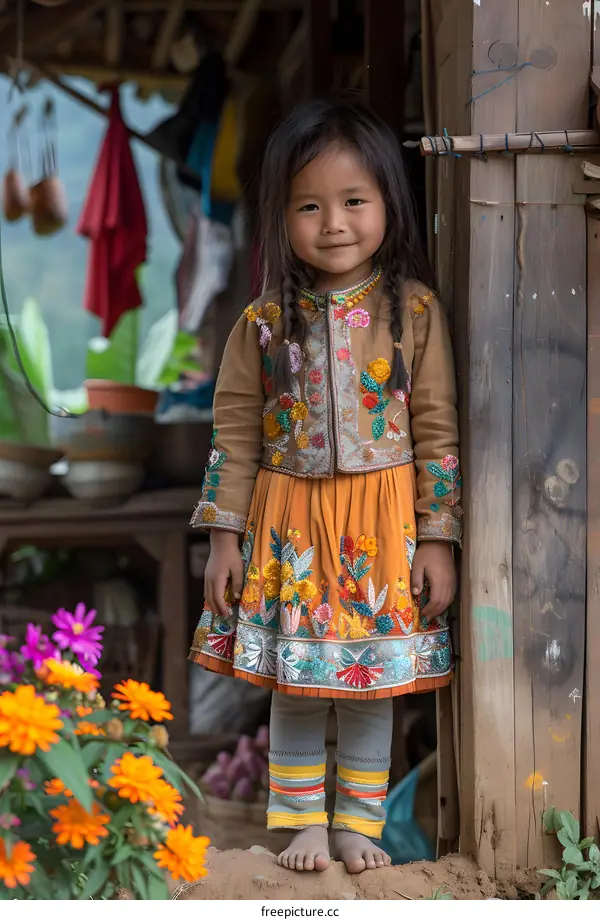 Young Girl in Traditional Clothing Standing in Front of a Wooden House