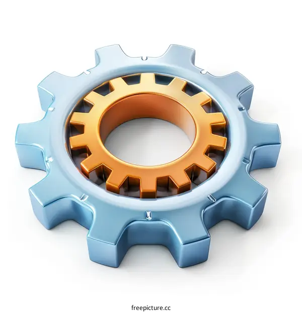 Blue and Gold Gears Interlocking on White Background